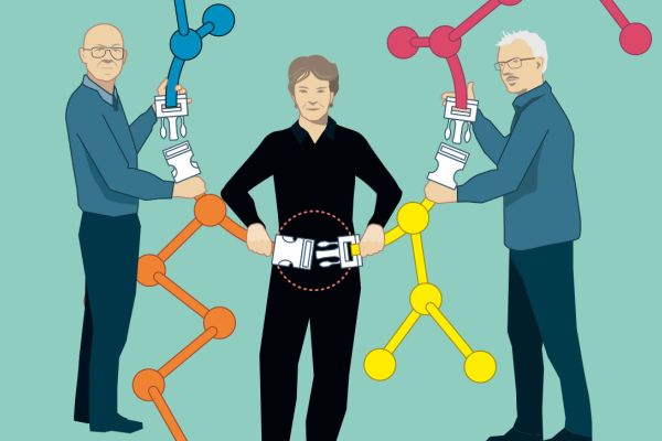 illustration of people holding molecules that have buckles to connect them together